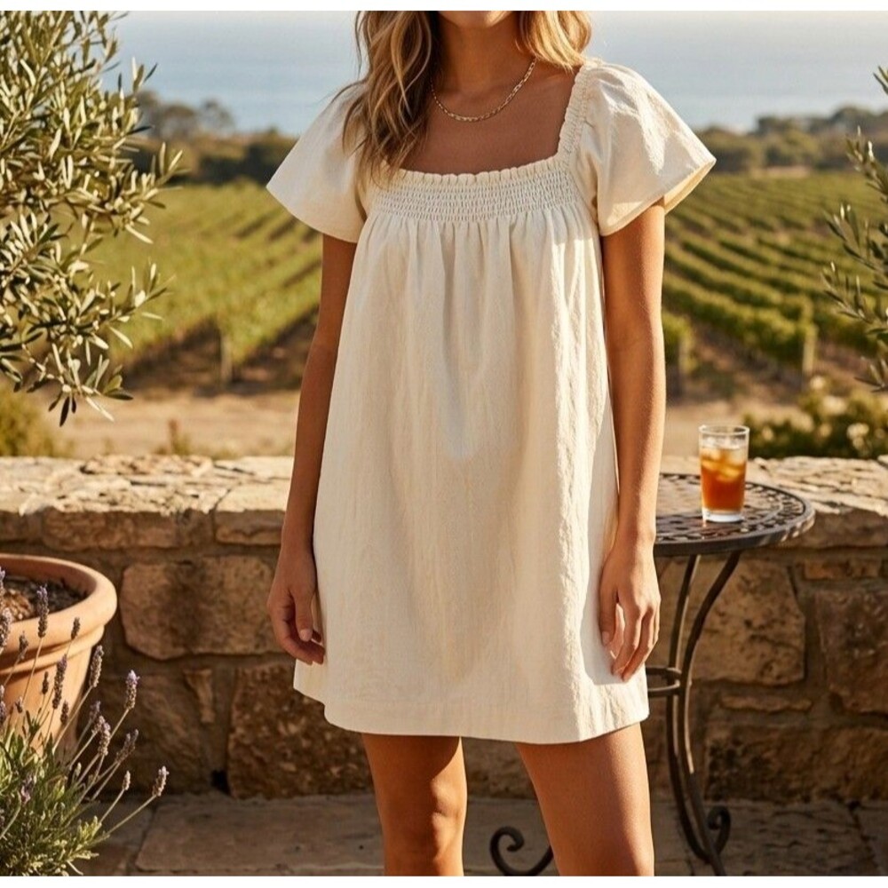 Free People Striped Printed Mini Dress Smocked Short Sleeves Cream M 290696